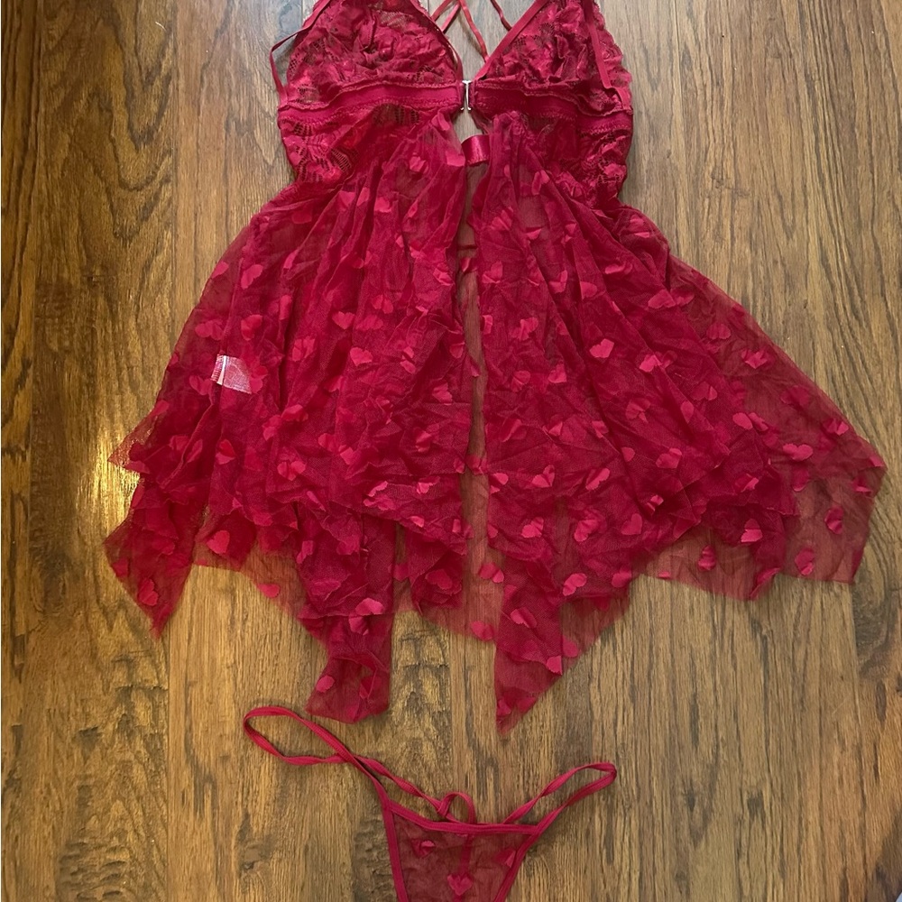 SHEIN Red Heart Lace Babydoll Set